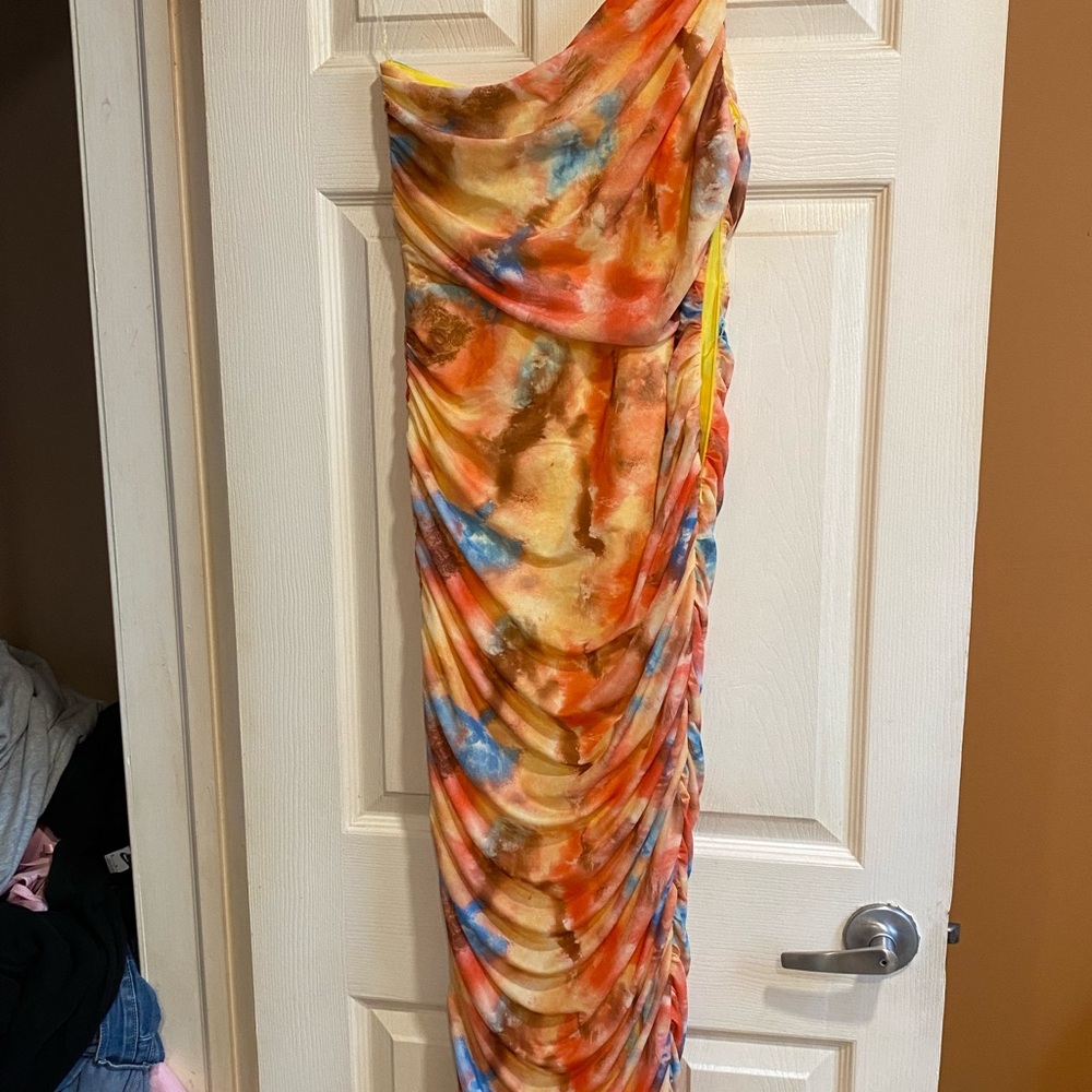 Fashion Nova One-Shoulder Tie-Dye Maxi Dress in Orange, Blue & Brown